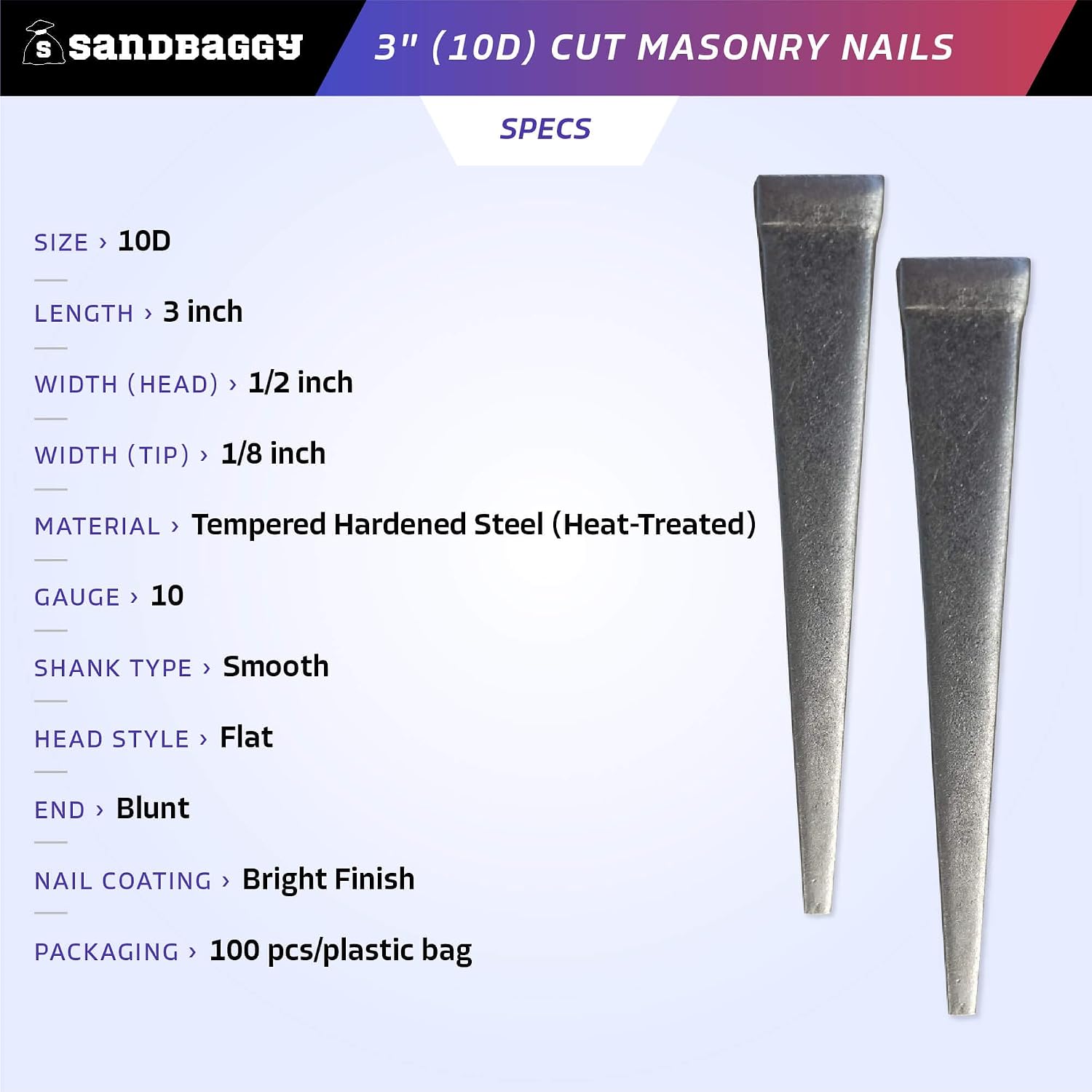 Sandbaggy 3 inch (10D) Square Cut Masonry Nails for Concrete, Brick, Mortar - 1/2' Wide Flat Heads - Construction, Cement, Brick Walls (1900)