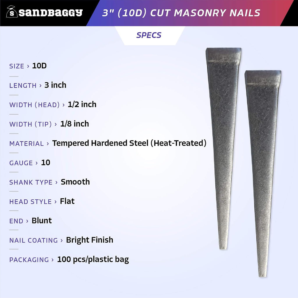 Sandbaggy 3 inch (10D) Square Cut Masonry Nails for Concrete, Brick, Mortar - 1/2' Wide Flat Heads - Construction, Cement, Brick Walls (9500)