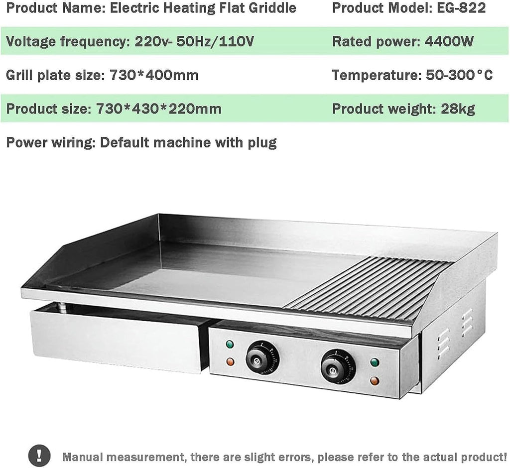 Electric Griddle Flat Hotplate Commercial Countertop BBQ Grill Stainless Steel Nonstick Barbecue, Efficient Nonstick Burger Bacon Kitchen Barbeque Countertop for Barbecue Omelette Fried Food