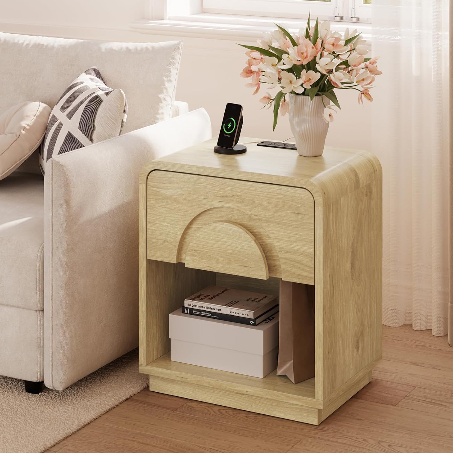 Bestier Night Stand Set of 2, 23.6' H Curved Nightstand with Charging Station, Farmhouse Bedside Table with Drawer & Open Shelf, Arched & Curved Nightstand, Solid Wood End Table for Bedroom, Natural