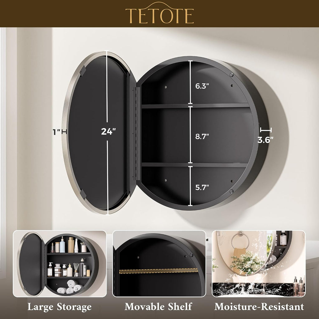 TETOTE 24 x 24 Inch Medicine Cabinet Mirror Brushed Nickel Framed Round Mirrored Medicine Cabinets for Bathroom Adjustable Shelves Modern Bathroom Mirror with Storage Wall Mounted