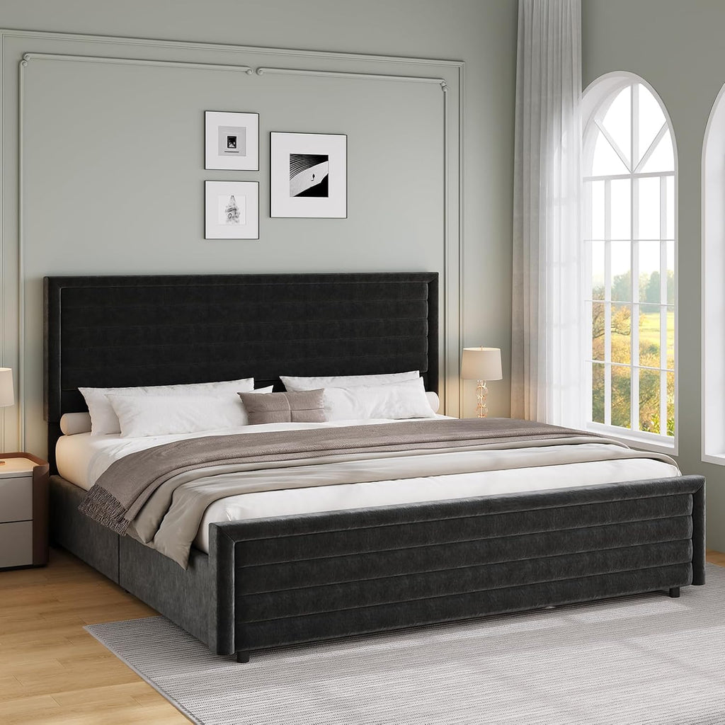 REVOMINCA King Size Bed Frame, King Platform Bed Frame with Velvet Upholstered Headboard, No Box Spring Needed, Easy Assembly, Black
