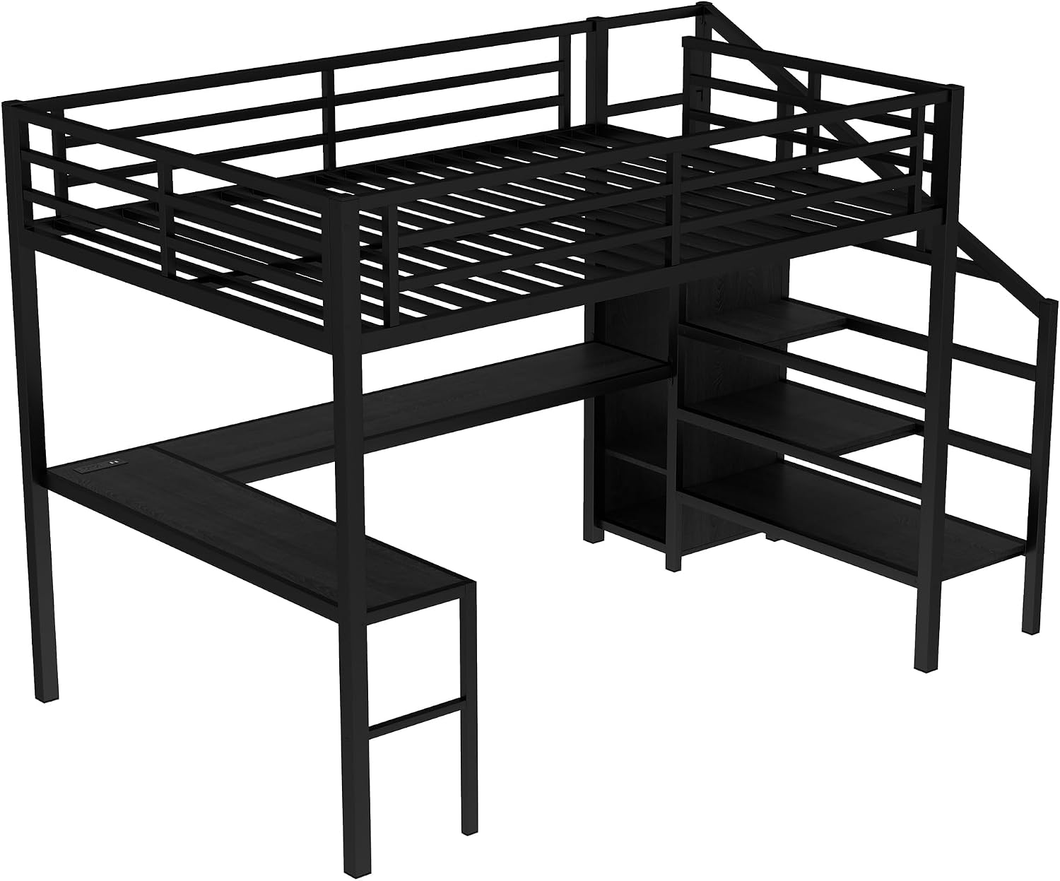 Bellemave Metal Queen Size Loft Bed with Desk and Storage Stairs,Heavy Duty Loft Bed Frame Queen Size with LED Lights,Wardrobe and Charging Station for Kids,Teens,Adults,Black