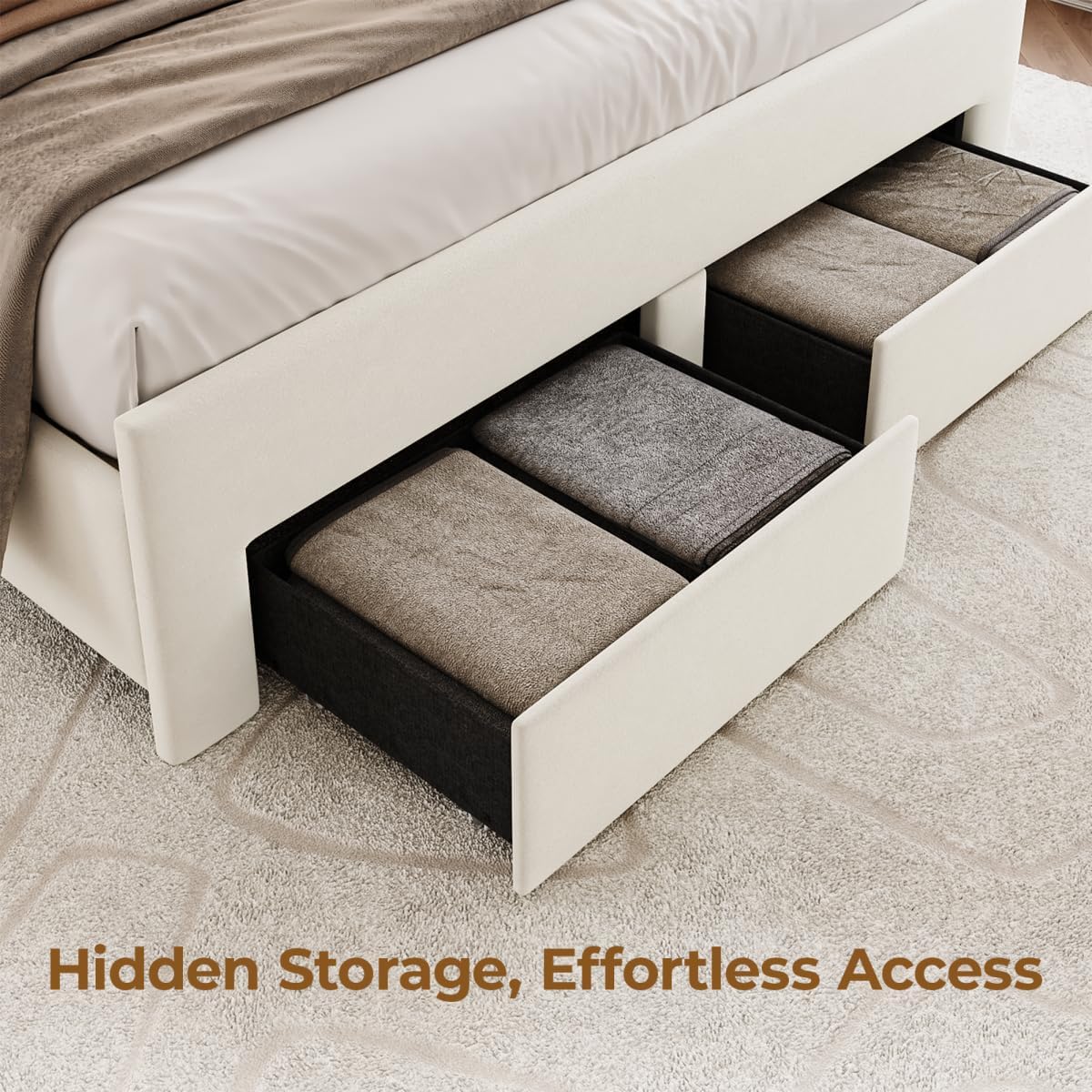 Full Size Bed Frame with Storage Drawers and Wingback Headboard, Velvet Upholstered Full Bed Frames Platform Bed with LED Lights, Wooden Slats Support, No Box Spring Needed, Noise-Free, Beige