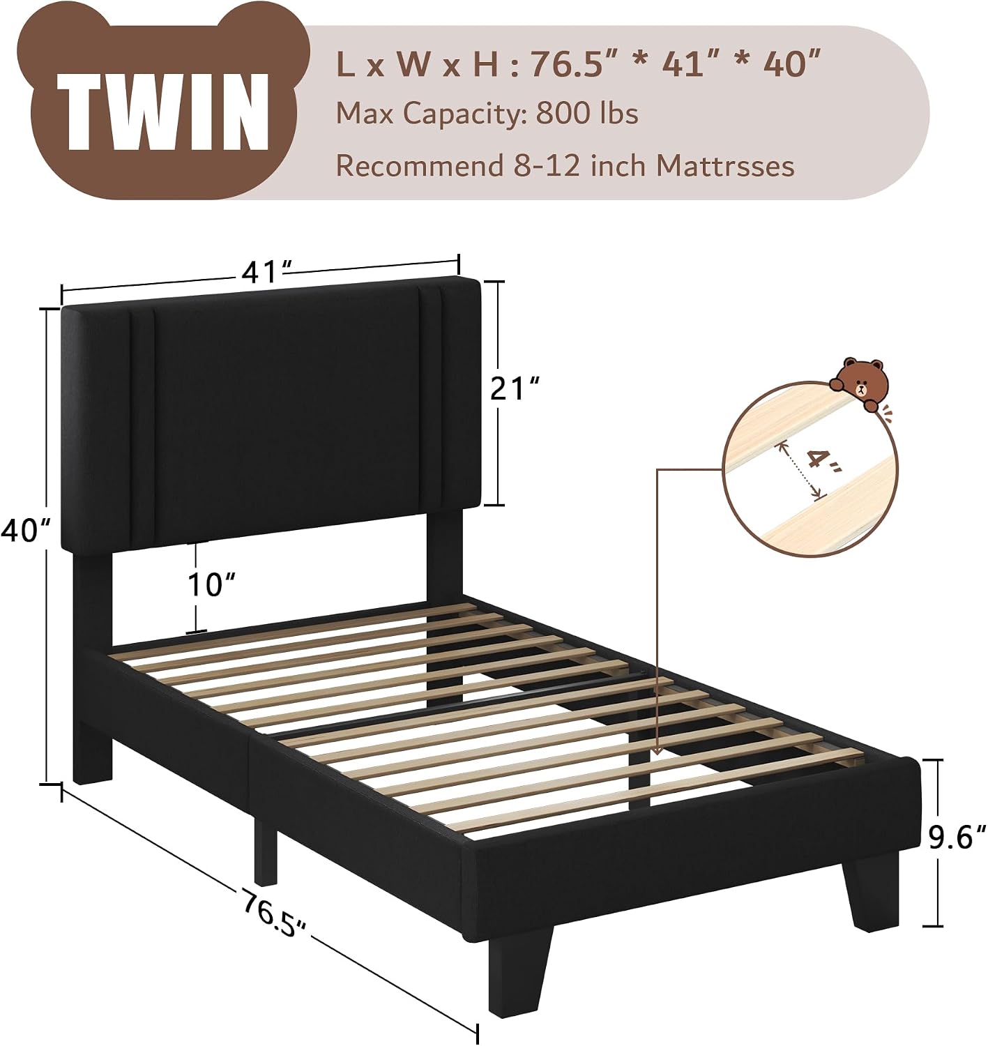 iPormis Twin Platform Bed Frame with Fabric Upholstered Headboard & Thickened Legs, Mattress Foundation with Solid Wooden Slats Support, No Box Spring Needed, Noise Free, Black