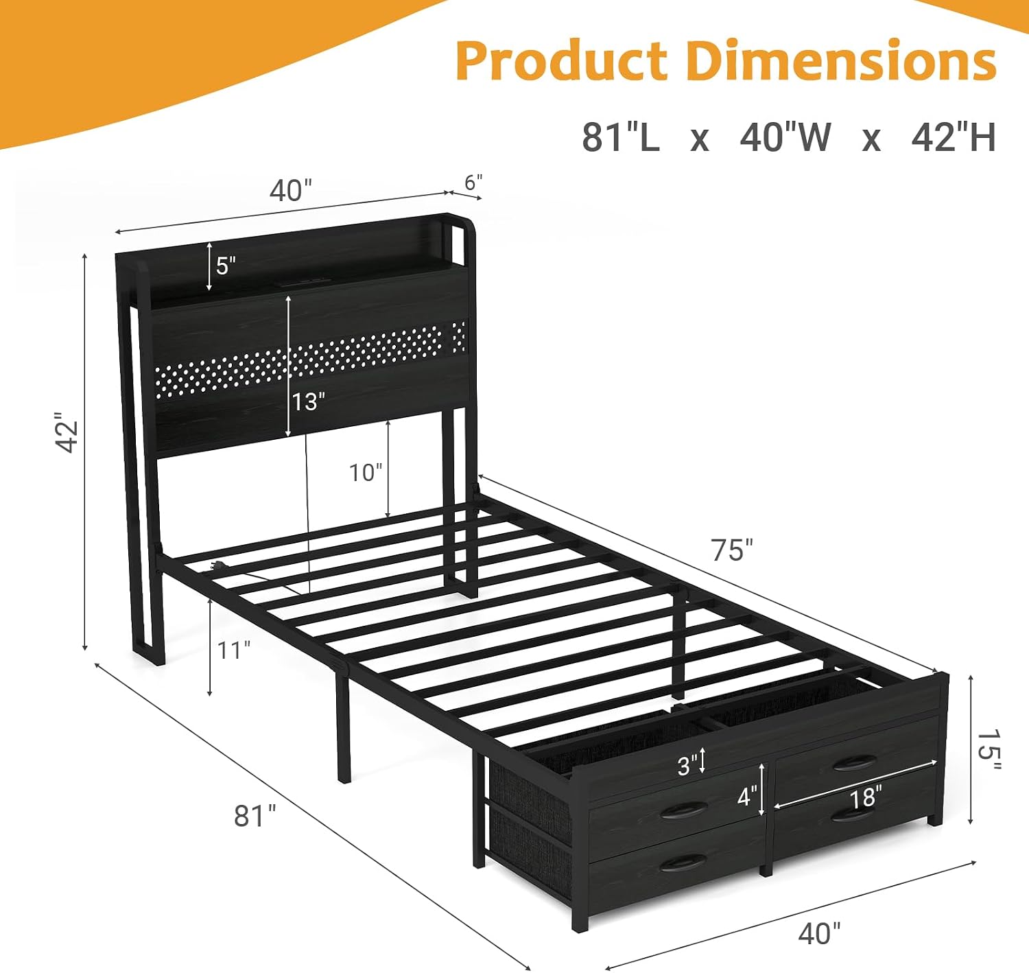 Zevemomo Twin Bed Frame with Storage Drawers, Twin Metal Bed Frame with LED Light and Charging Station, Heavy Duty Metal Slats, No Box Spring Needed, Black