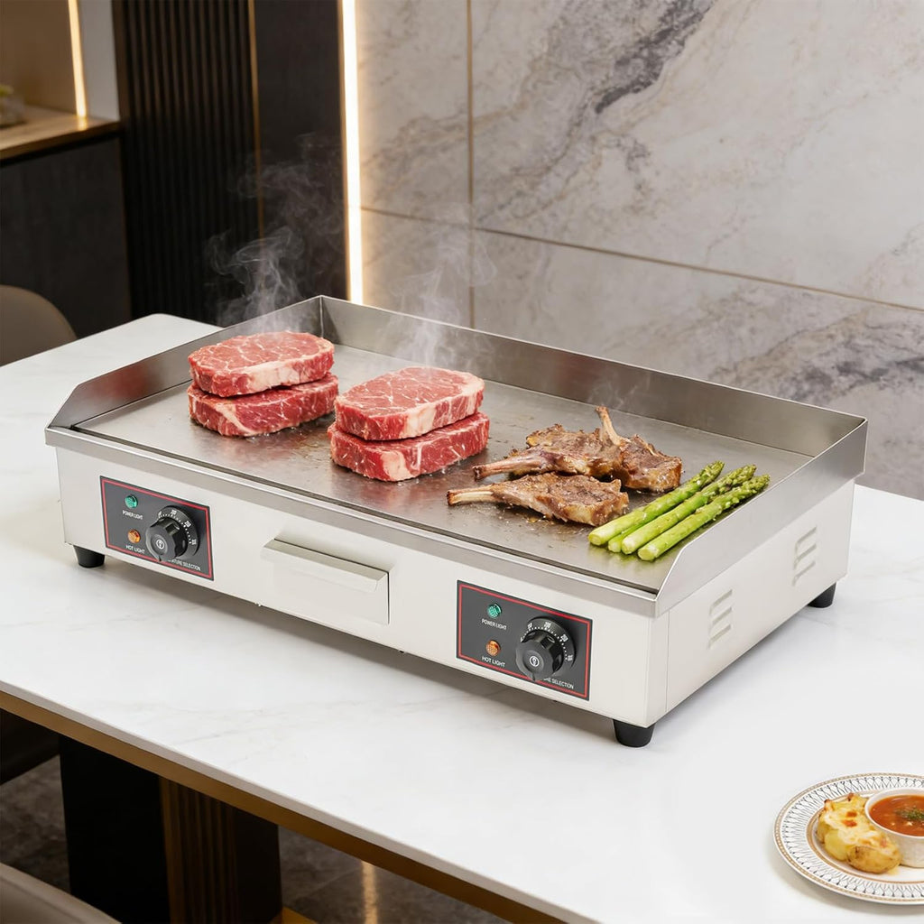 30' Commercial Electric Griddle, 110V 3000W Electric Stainless Steel Countertop Flat Top Griddle, Electric Flat Top Grill Teppanyaki Grill with Adjustable Temperature Control 122-572℉ (No Plug)
