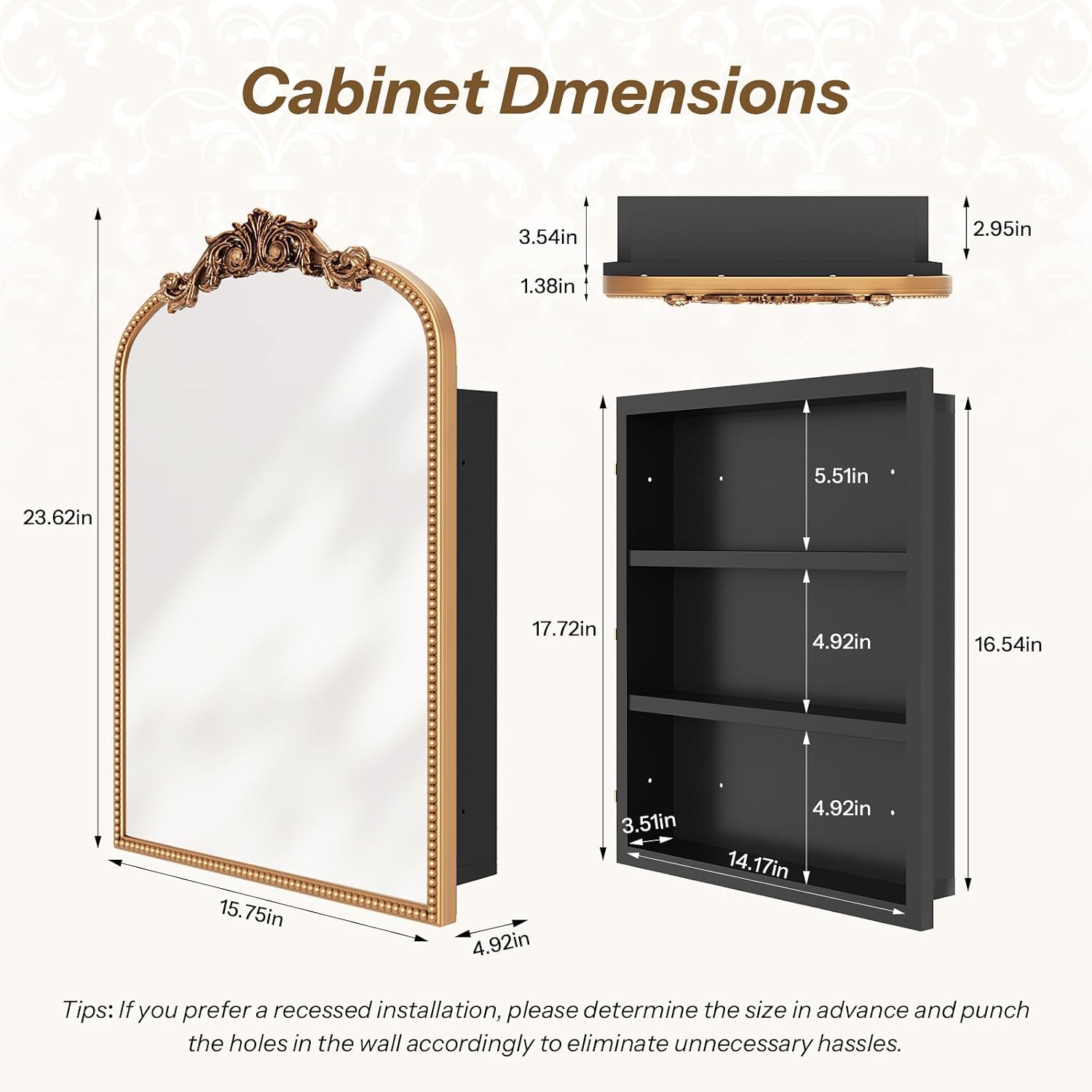 Bathroom Medicine Cabinet with Mirror, Sturdy, Durable & Easy Installation, Vintage Metal Frame (Gold Beads, 16'x24')