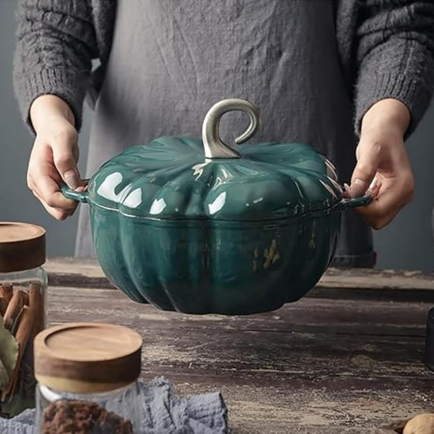 Green,Mswborml Pumpkin Enameled Dutch Oven Pot with Lid and Non-Stick Ceramic Coating, Heat-Resistant Enamelled Cooking Pot, Heavy-Duty Shallow Casserole Braiser with Dual Handle, Easy to Clean