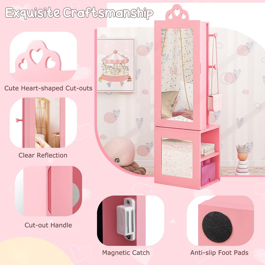 Costzon Kids Vanity & Jewelry Armoire Cabinet, Wooden Vanity Table and Chair Set, Standing Jewelry Organizer with Full-Length Mirror, Large Storage, Kids Bedroom Furniture Set for Girls (Pink)