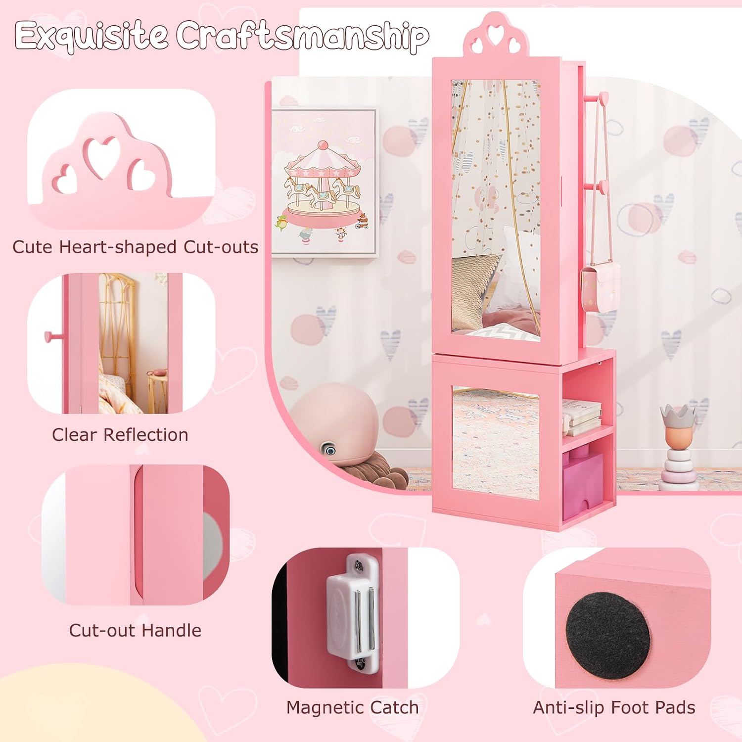 Costzon Kids Vanity & Jewelry Armoire Cabinet, Wooden Vanity Table and Chair Set, Standing Jewelry Organizer with Full-Length Mirror, Large Storage, Kids Bedroom Furniture Set for Girls (Pink)