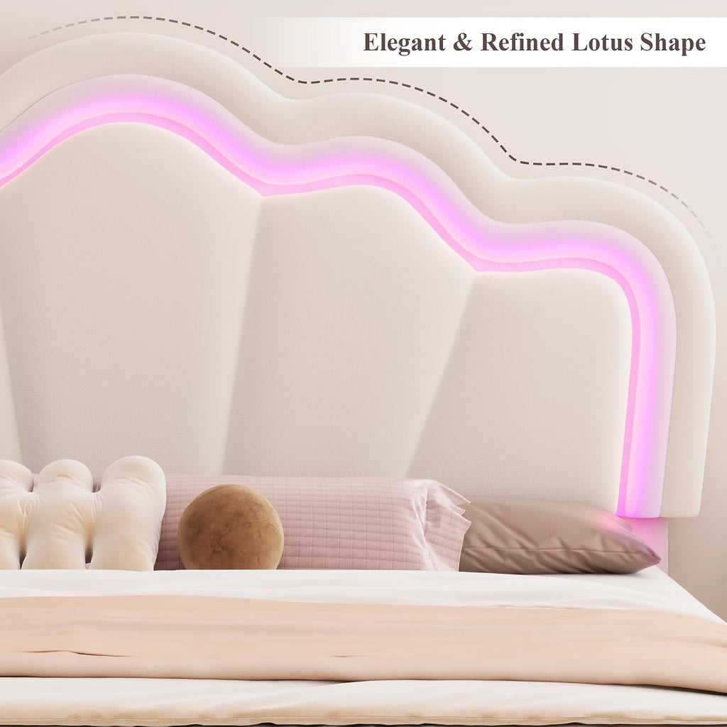 HOSTACK Full Upholstered LED Bed Frame with Storage Drawers, Cute Girls Bed with Adjustable Lotus Headboard, Velvet Princess Platform Bed Frame, Wooden Slats Support, No Box Spring Needed, Cream