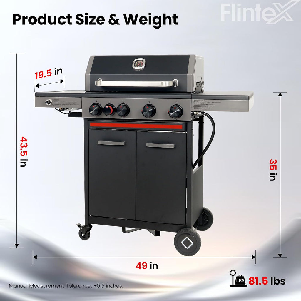 Flintex Multi-Function Propane Gas Grill with Various Grates, 4-Burner Outdoor BBQ Grill with Porcelain-Enameled Cast Iron Grates & Griddle, 52,000 BTU Output, 490 sp.in. Cooking Area, Black