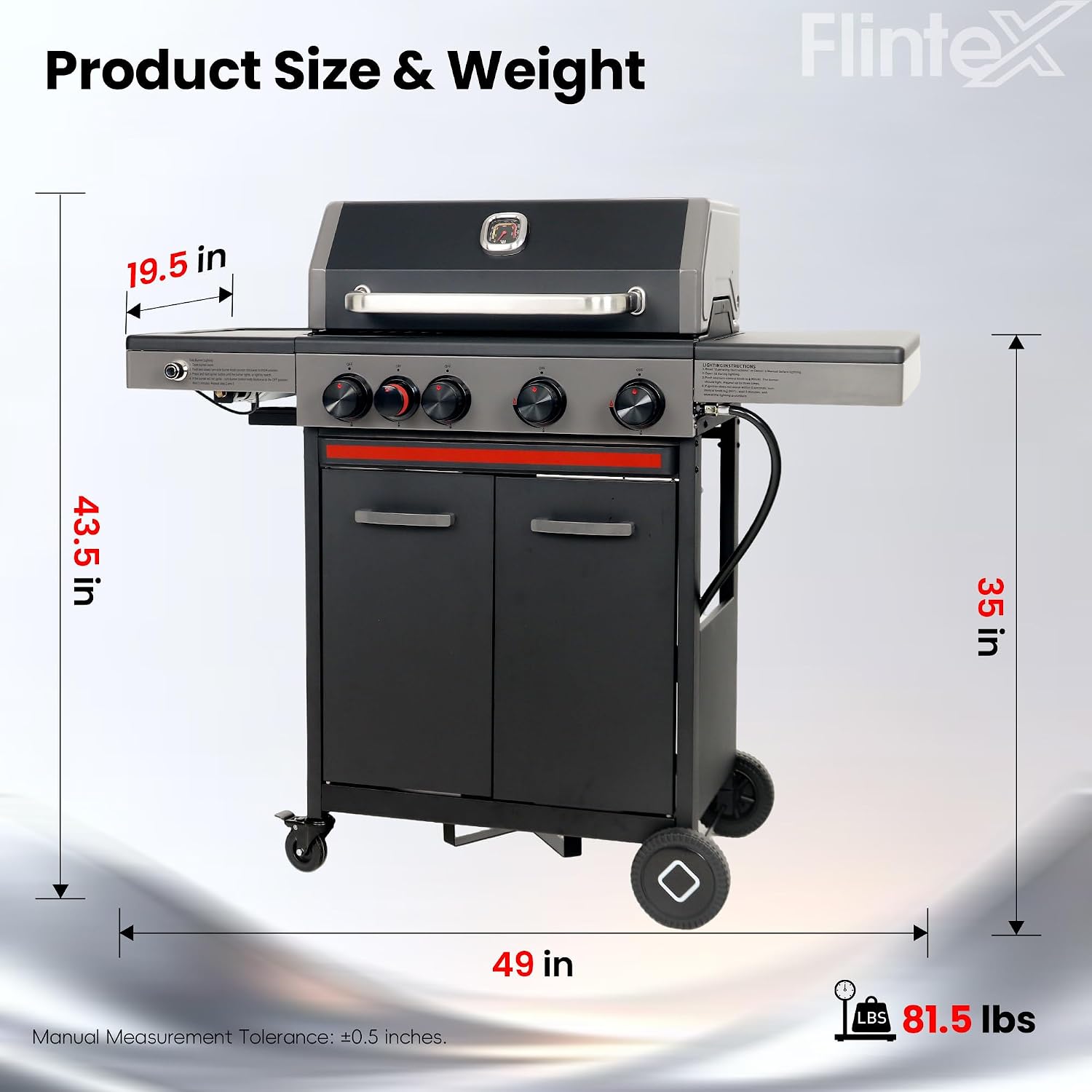 Flintex Multi-Function Propane Gas Grill with Various Grates, 4-Burner Outdoor BBQ Grill with Porcelain-Enameled Cast Iron Grates & Griddle, 52,000 BTU Output, 490 sp.in. Cooking Area, Black