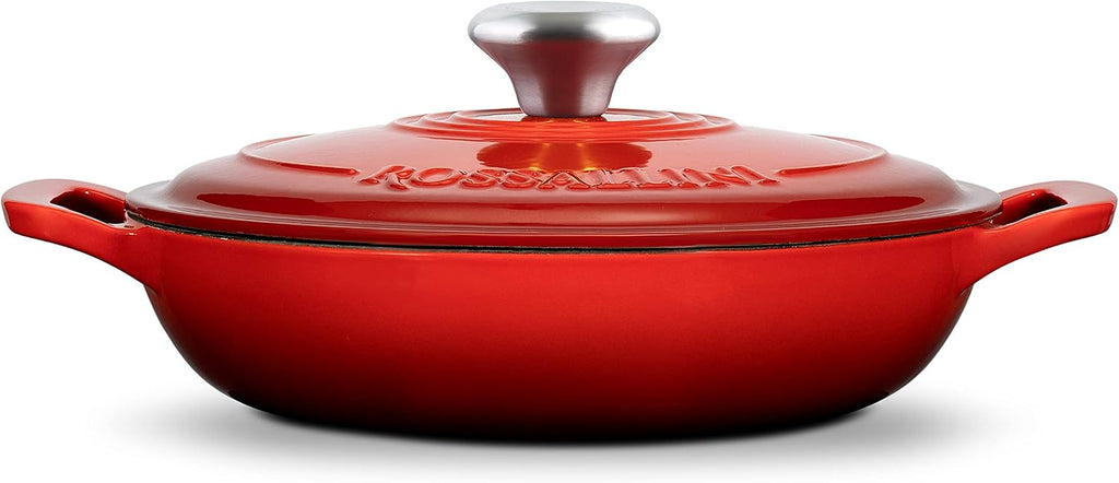ROSSALLINI Signature Enameled Cast Iron Braiser, Non-Stick Serving Pot with Tight Fitting Lid for Perfect Roasting, Baking, Sauteing, Searing, and Pan Frying | 2.25Q (2.1L) - Red