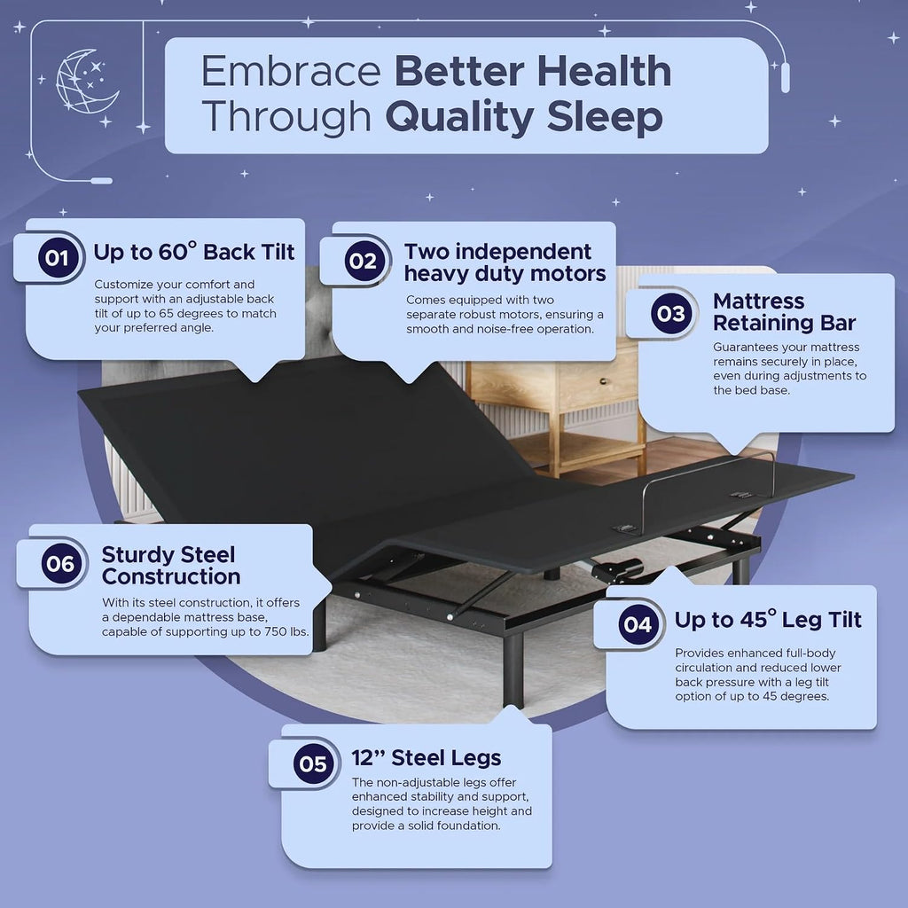 Celestial Aurora Adjustable Bed Base (Frame) + 10 inch Gel Memory Foam Mattress (Medium), Easy Assembly, Head and Foot Lift, Zero Gravity, Memory Positions, CertiPUR-US Bed - Queen