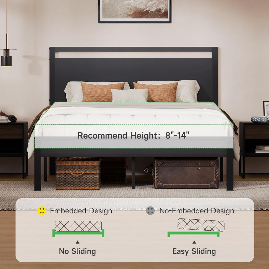 Easy to Assemble Queen Bed Frame with Wood Headboard & Footboard, Tool-Free Metal Platform Bed Frame, Upgraded Heavy Duty Sturdy Foundation, No Noise, No Box Spring Needed,Large Under Storage, Black