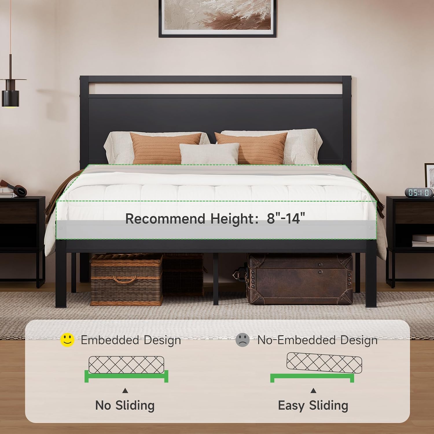 Easy to Assemble Queen Bed Frame with Wood Headboard & Footboard, Tool-Free Metal Platform Bed Frame, Upgraded Heavy Duty Sturdy Foundation, No Noise, No Box Spring Needed,Large Under Storage, Black