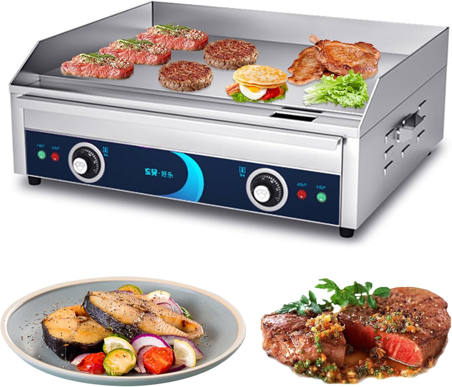24' Commercial Griddle Electric Grill Without Plug Countertop Griddle Flat Top Grill Hot Plate Non-Stick Stainless Steel Teppanyaki Grill for Restaurant Kitchen, 220V 4400W