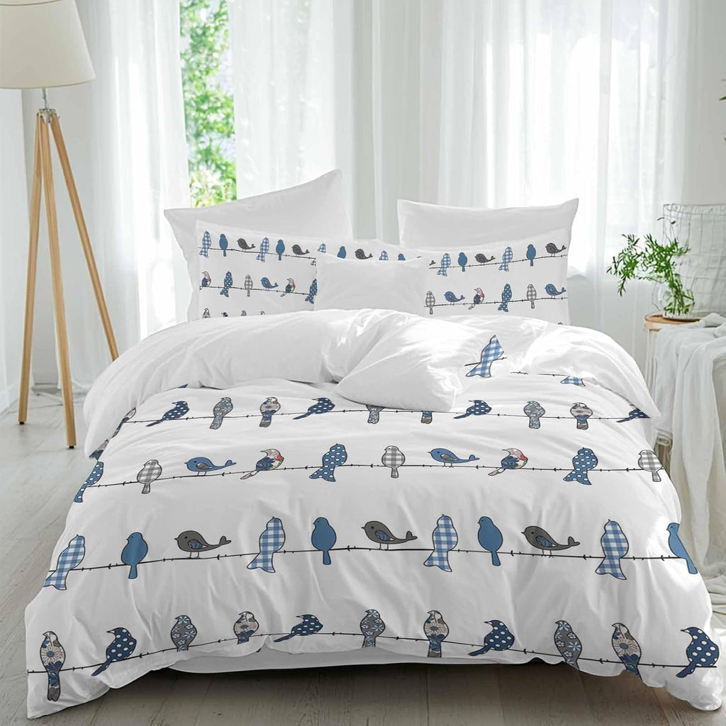 Prime Leader Birds on the Wire Blue Grey Duvet Cover Set Queen Size 4 Pieces Bedding Set with Zipper Closure, 1 Comforter Cover 86x86 Inches 1 Flat Sheet & 2 Pillow Cases