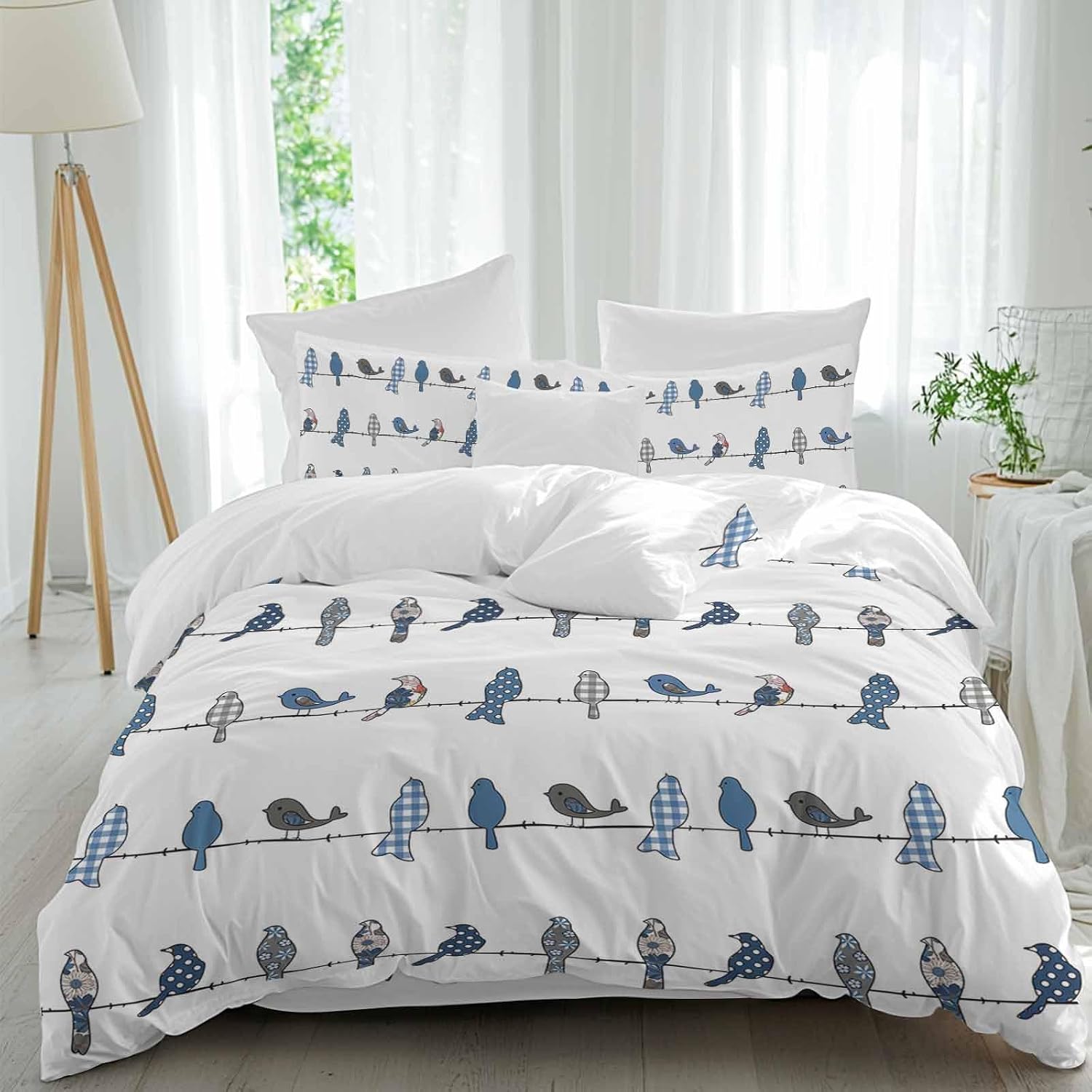 Prime Leader Birds on the Wire Blue Grey Duvet Cover Set Queen Size 4 Pieces Bedding Set with Zipper Closure, 1 Comforter Cover 86x86 Inches 1 Flat Sheet & 2 Pillow Cases