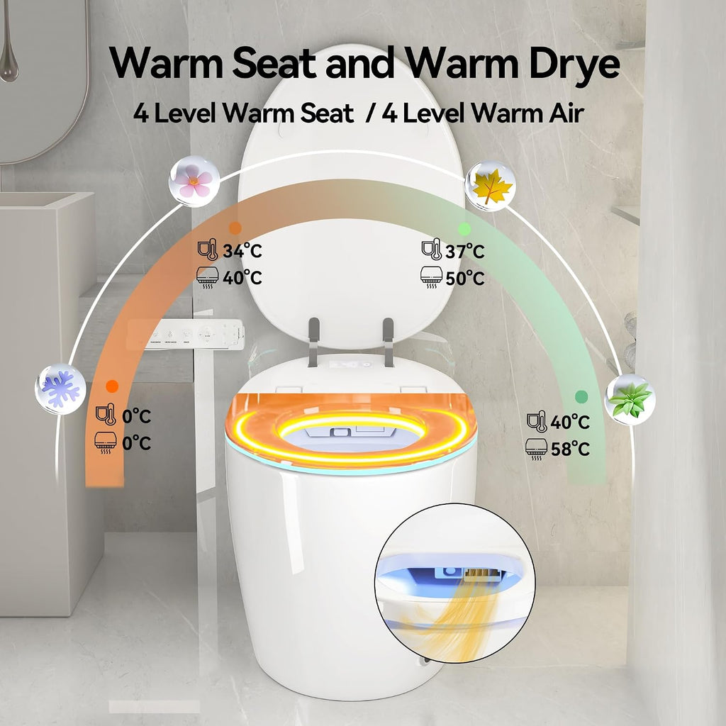 Smart Toilet, Electric Tankless Toilet with Bidet Built in & Dryer, Auto Open/Close, Instant Warm Water, Elongated Heated Seat, Auto Flush (White, Oval Egg Shaped)