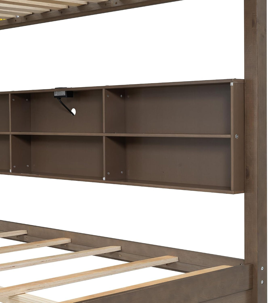 Queen Over Queen Bunk Bed with Built-in Shelves and USB Ports, Solid Wood Bunk Bed Frame with Safety Guardrail, for Kids Boys Girls Bedroom, No Box Spring Needed (Antique Wood Color)