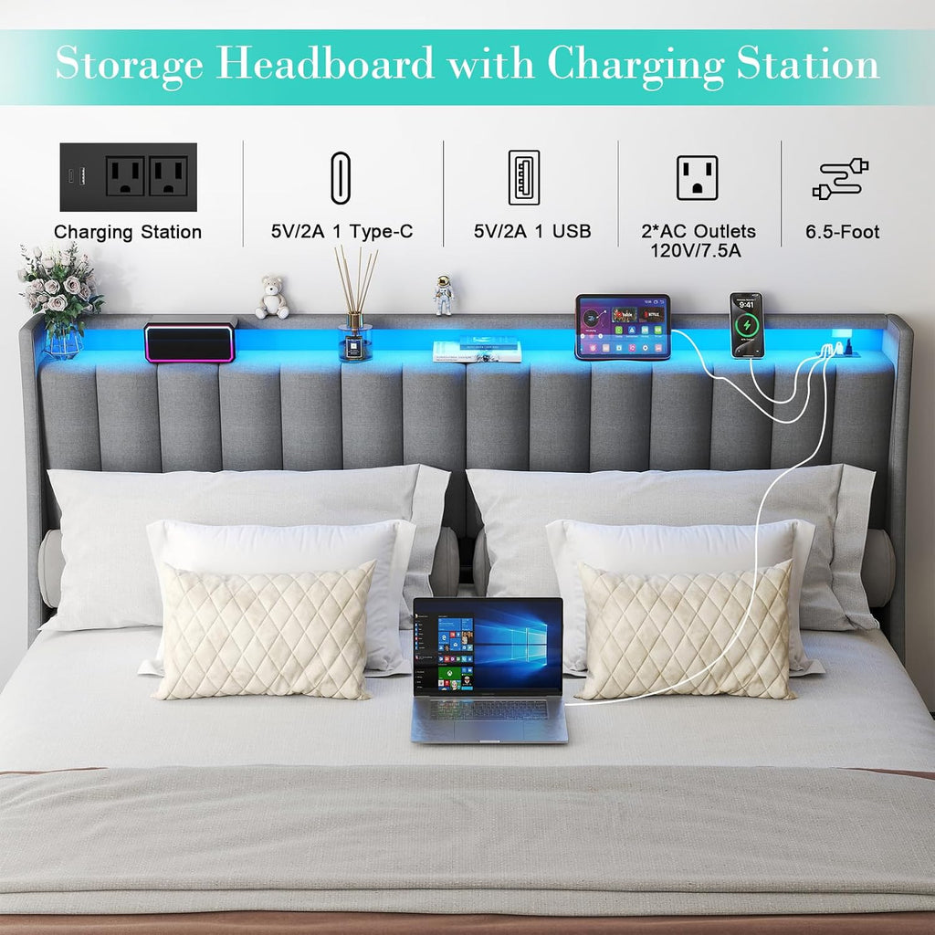 Queen Bed Frame with 2 Storage Drawers, Platform Bed Frame Queen Size with LED Light, Upholstered Headboard, Charging Station, Steel Slat Support, No Box Spring Needed, Noise-Free, Easy Assembly, Gray