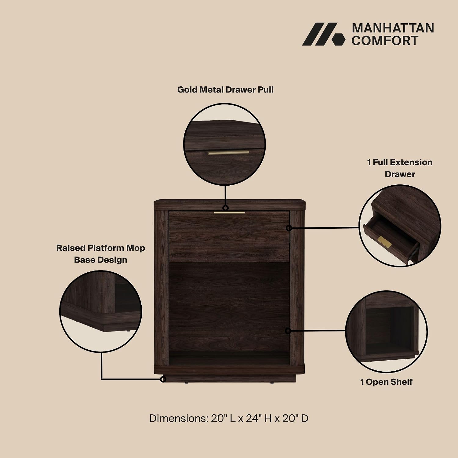 Manhattan Comfort Evelyn Nightstand with Drawer and Open Shelf, Modern Minimalist Side End Table with Raised Base, Easy Assembly Small Accent Table for Bedroom, Dorms & Living Room in Brown