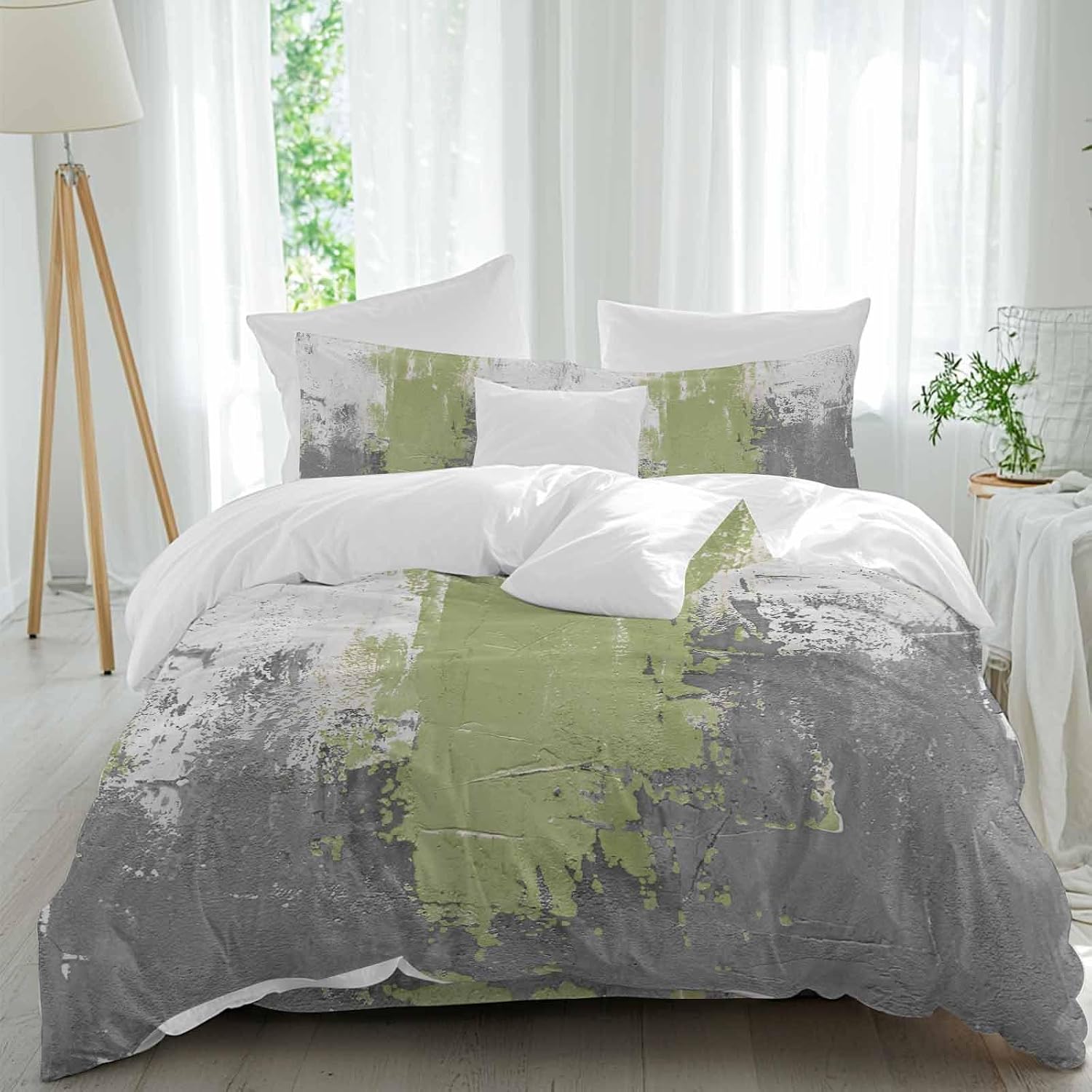 Abstract Art Duvet Cover Set Queen Size 4 Pieces Green Grey Wall Mottled Texture Minimalist Modern Bedding Set with Zipper Closure, 1 Comforter Cover 90x92 Inches 1 Flat Sheet & 2 Pillow Cases