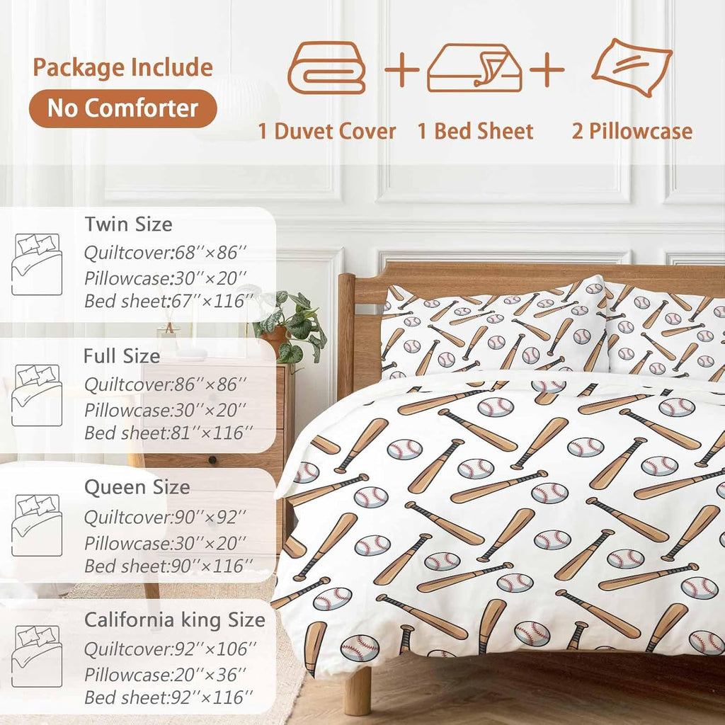 Baseball Duvet Cover Set Queen Size 4 Pieces Retro Sports Style Baseball Bats Minimalist Modern Bedding Set with Zipper Closure, 1 Comforter Cover 92x106 Inches 1 Flat Sheet & 2 Pillow Cases