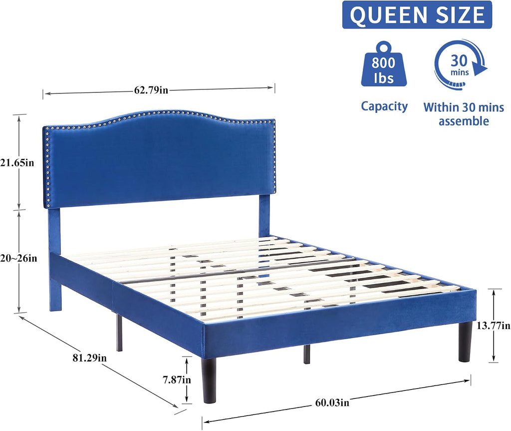 VECELO Queen Bed Frame, Platform Bed Frame with Adjustable Height Upholstered Headboard, Heavy-Duty Frames and Strong Wooden Slats Support, Non-Slip and Noise-Free, Easy Assembly, Dark Blue