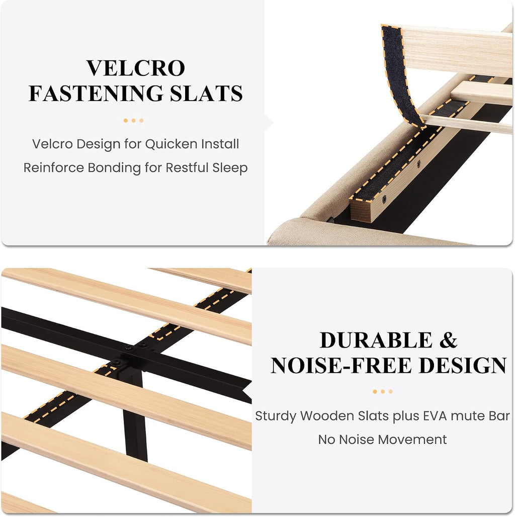 SHA CERLIN Full Platform Bed Frame with Upholstered Fabric Headboard, Mattress Foundation with Strong Wooden Slats Support, No Box Spring Needed, Beige