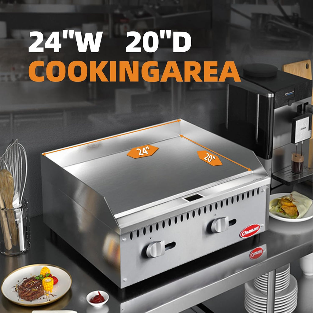 24' Commercial Countertop Griddle, 2 Burners Gas Griddle, 60000 BTU Output, Stainless Steel Flat Top Grill Hot Plate with Natural Gas and Propane Conversion Kit for Restaurant, Food Truck