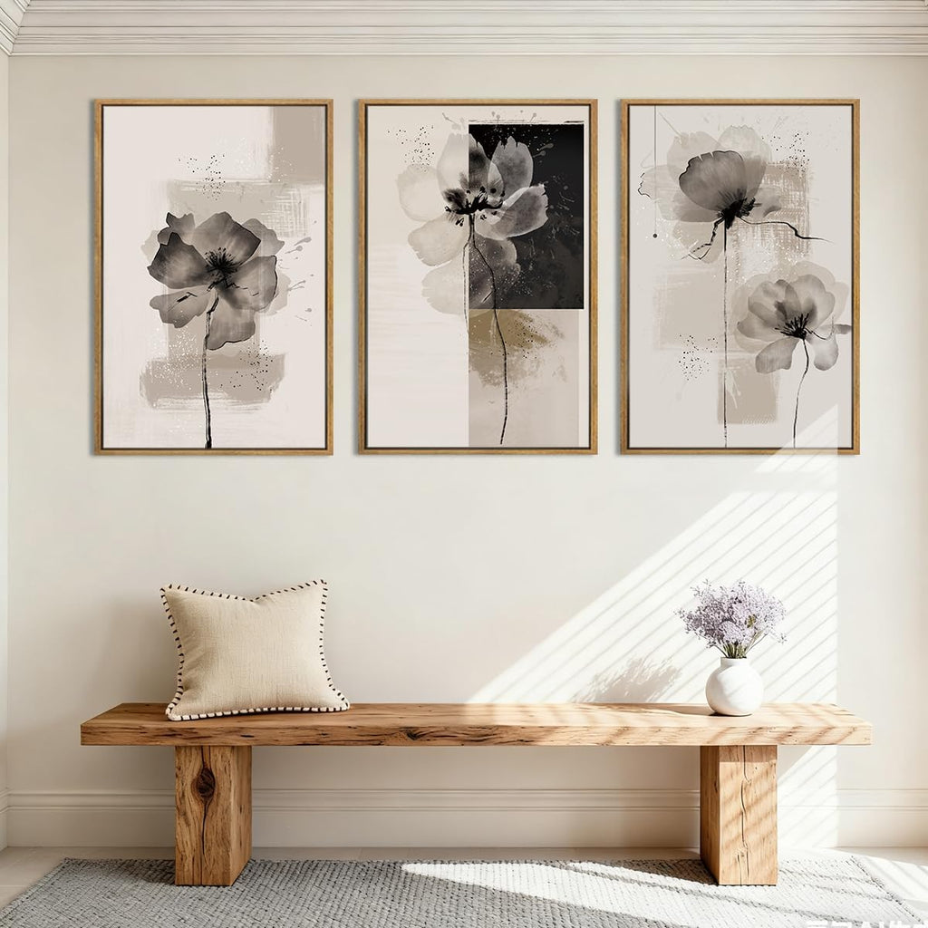 IARTTOP Large Framed Neutral Abstract Wall Art 24x36 Inch Oversized Modern Beige Gray Floral Canvas Wall Decor Minimalist White Flower Art Prints for Living room Bedroom Set of 3