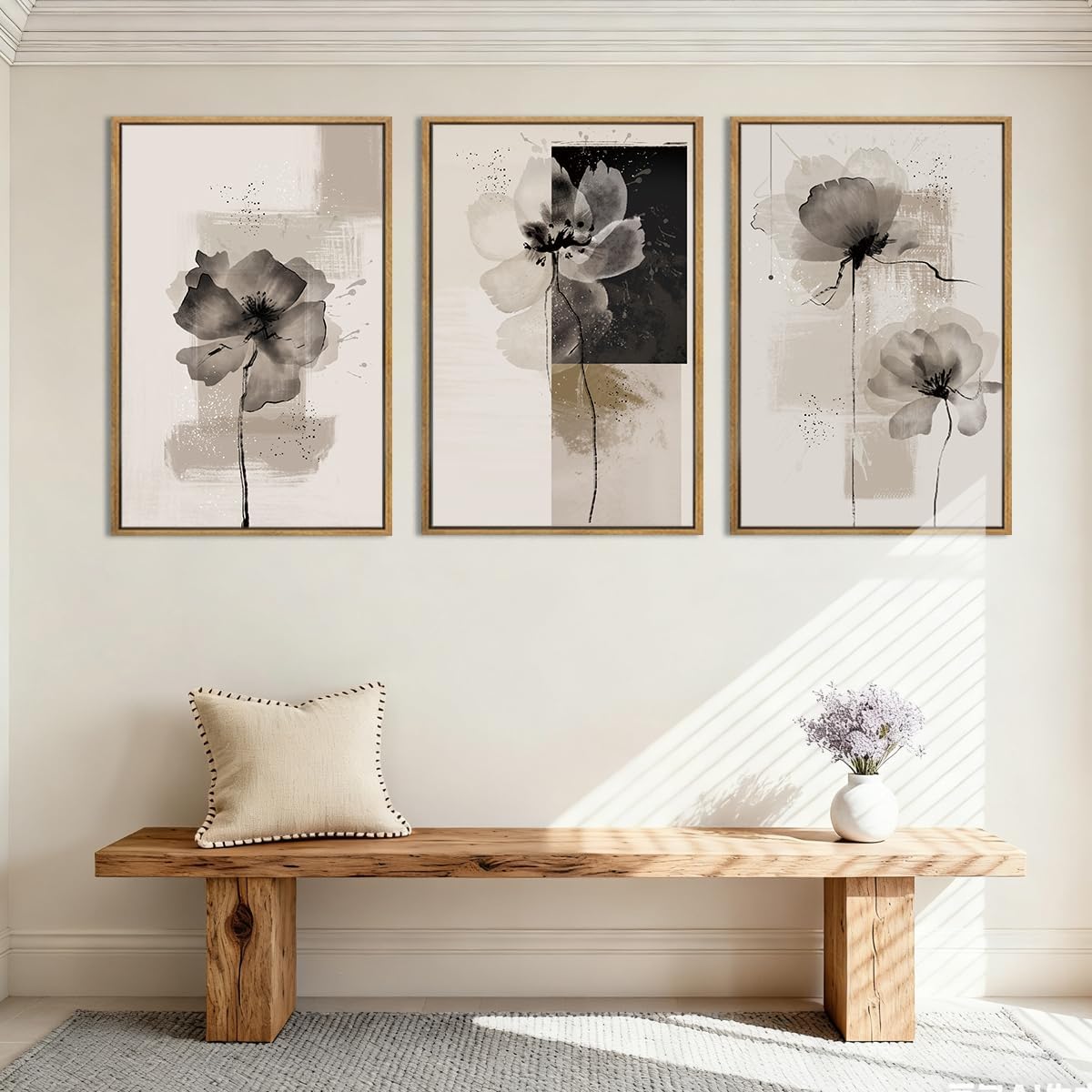 IARTTOP Large Framed Neutral Abstract Wall Art 24x36 Inch Oversized Modern Beige Gray Floral Canvas Wall Decor Minimalist White Flower Art Prints for Living room Bedroom Set of 3