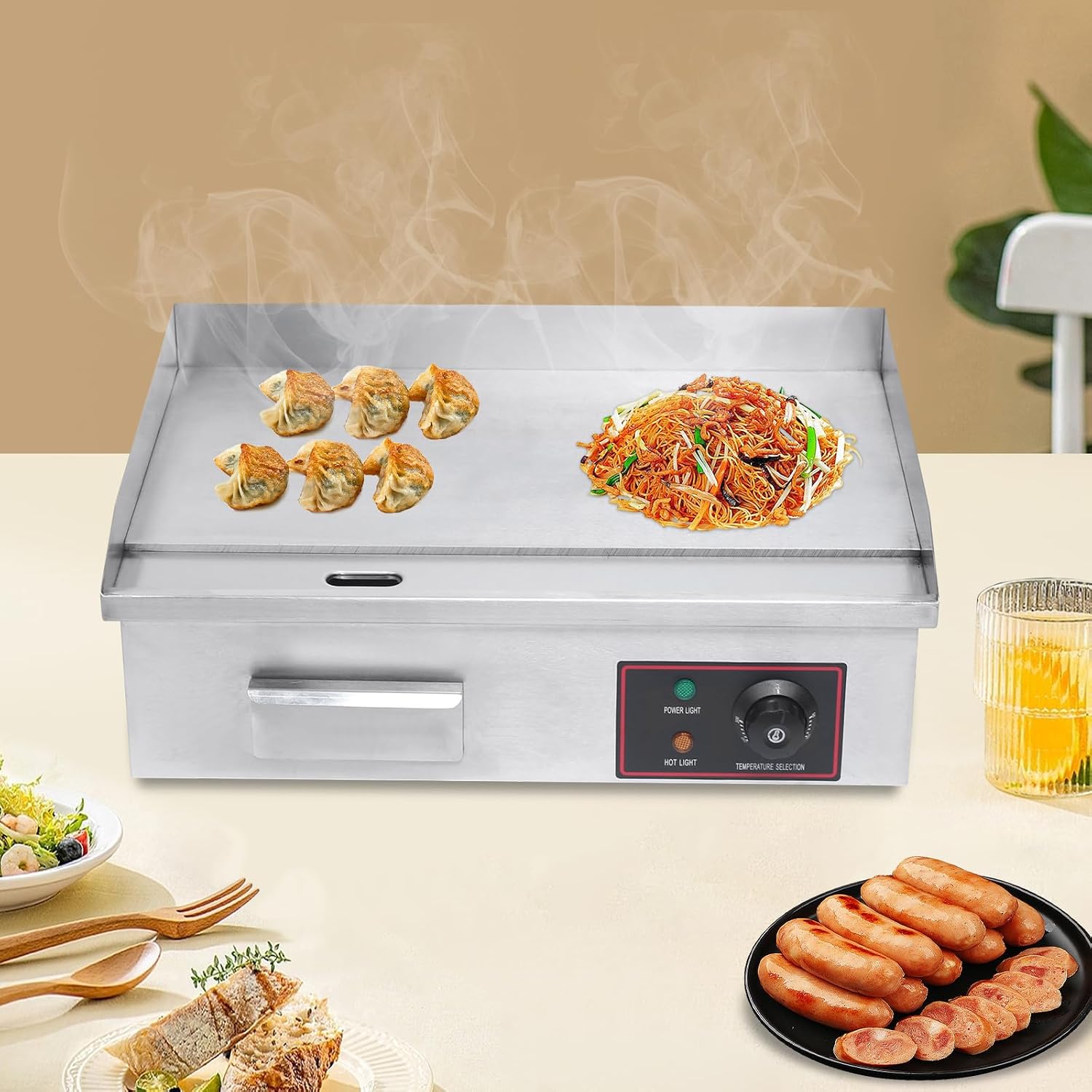 21''Commercial Electric Countertop Griddle,3000W Stainless Steel BBQ Flat Top Grill Frying Pan with Temperature Control 122°F-572°F for Restaurant Pancake Kitchen Steak (21.26 * 15.75 * 8.66 in)