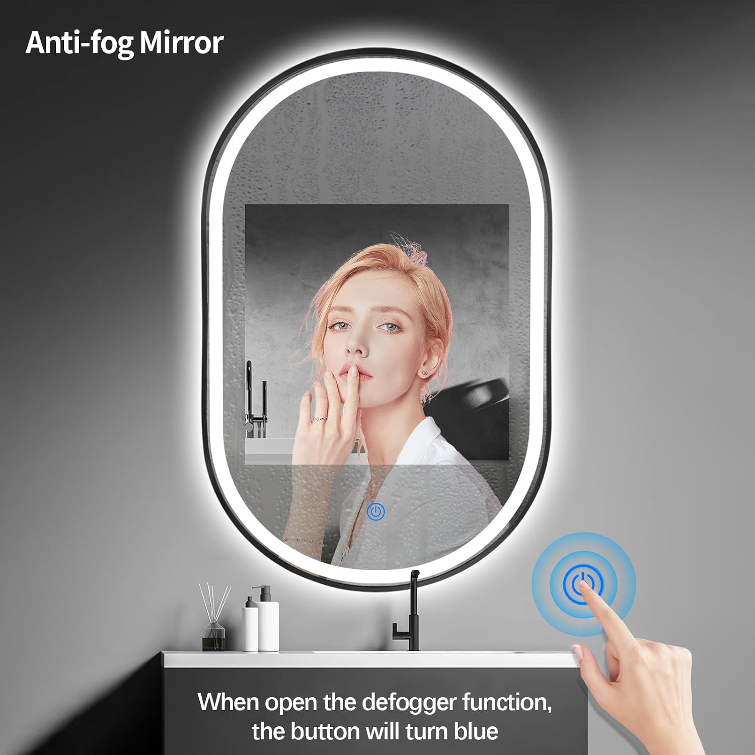 36'x24' Oval LED Bathroom Mirror with Lights, Black Lighted Vanity Mirror Wall Mounted, Anti Fog LED Oval Mirror with 3 Colors, Memory, ShatterProof, Front/Backlit, Horizontal/Vertical