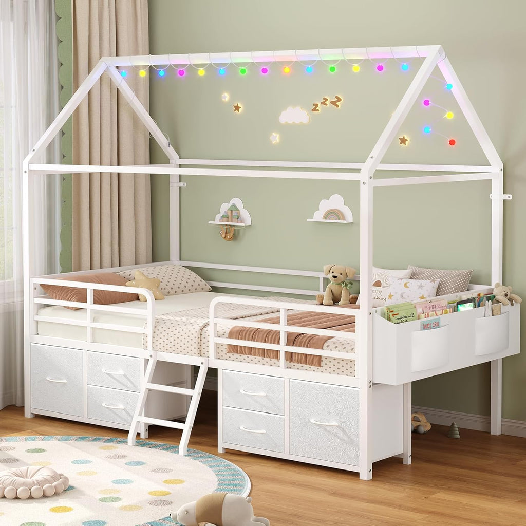 ADORNEVE Twin Size Bed Frame with 6 Drawers,House Bed with Globe String Lights Plug in,Metal Kids Bed with Safety Guardrail & Inclined Ladder,No Box Sping Needed,White