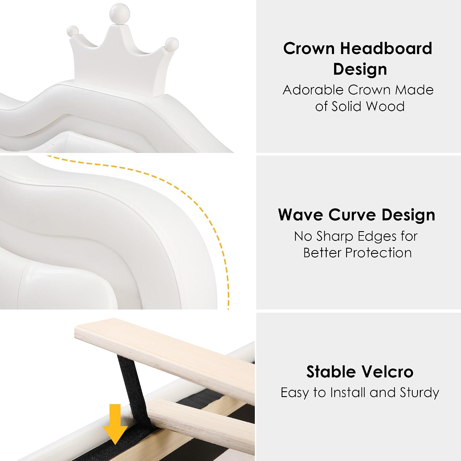 Keyluv 2 Set Twin Upholstered LED Bed Frame with Storage Drawer for Kid, Leather Princess Platform Bed with Adjustable Crystal Button Tufted Crown Headboard, Solid Woode Slats Support, White