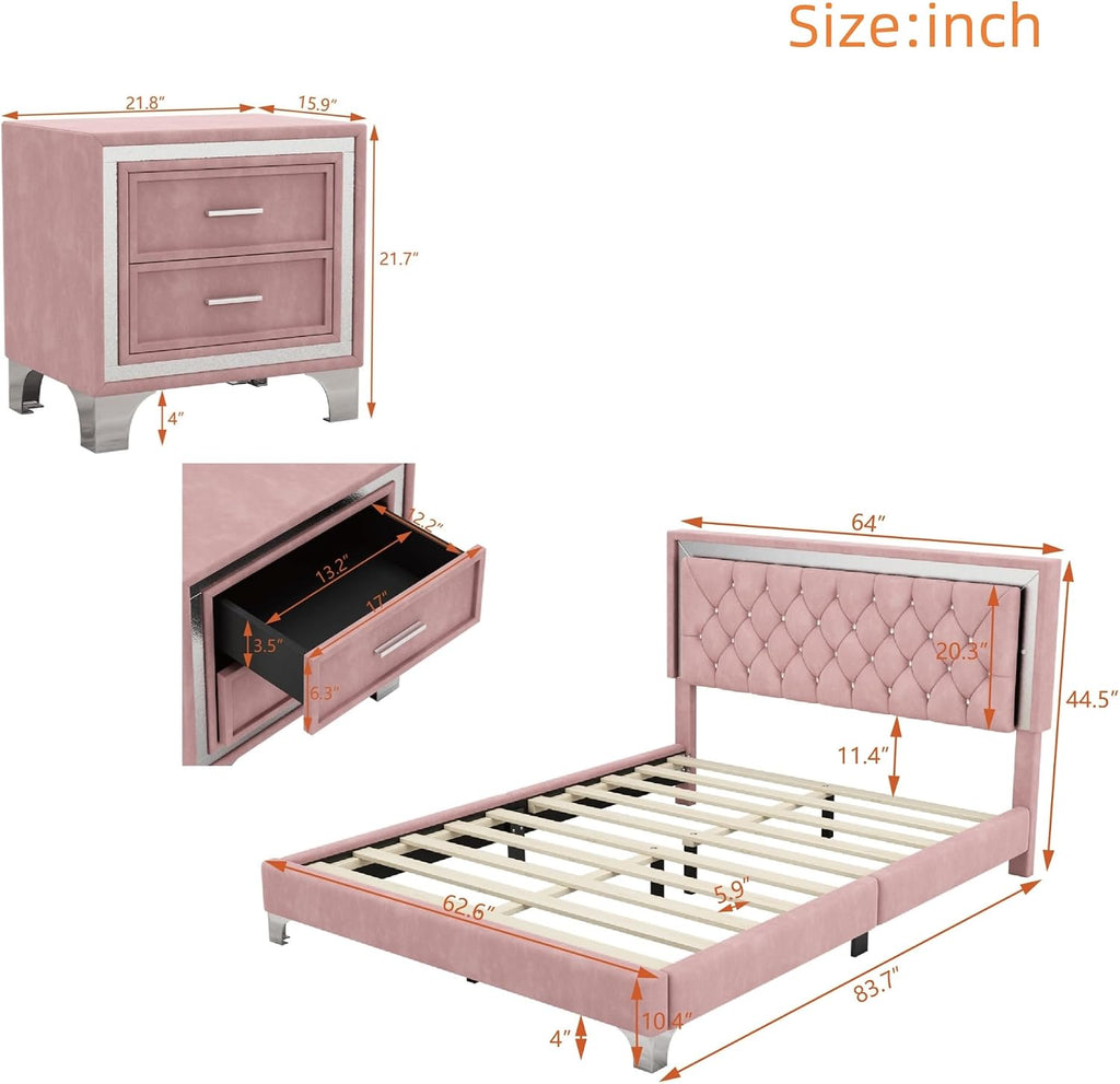 Flieks Bedroom Sets, 3-Pieces Bedroom Sets, Queen Size Upholstered Platform Bed with LED Lights and 2 Nightstands, Pink