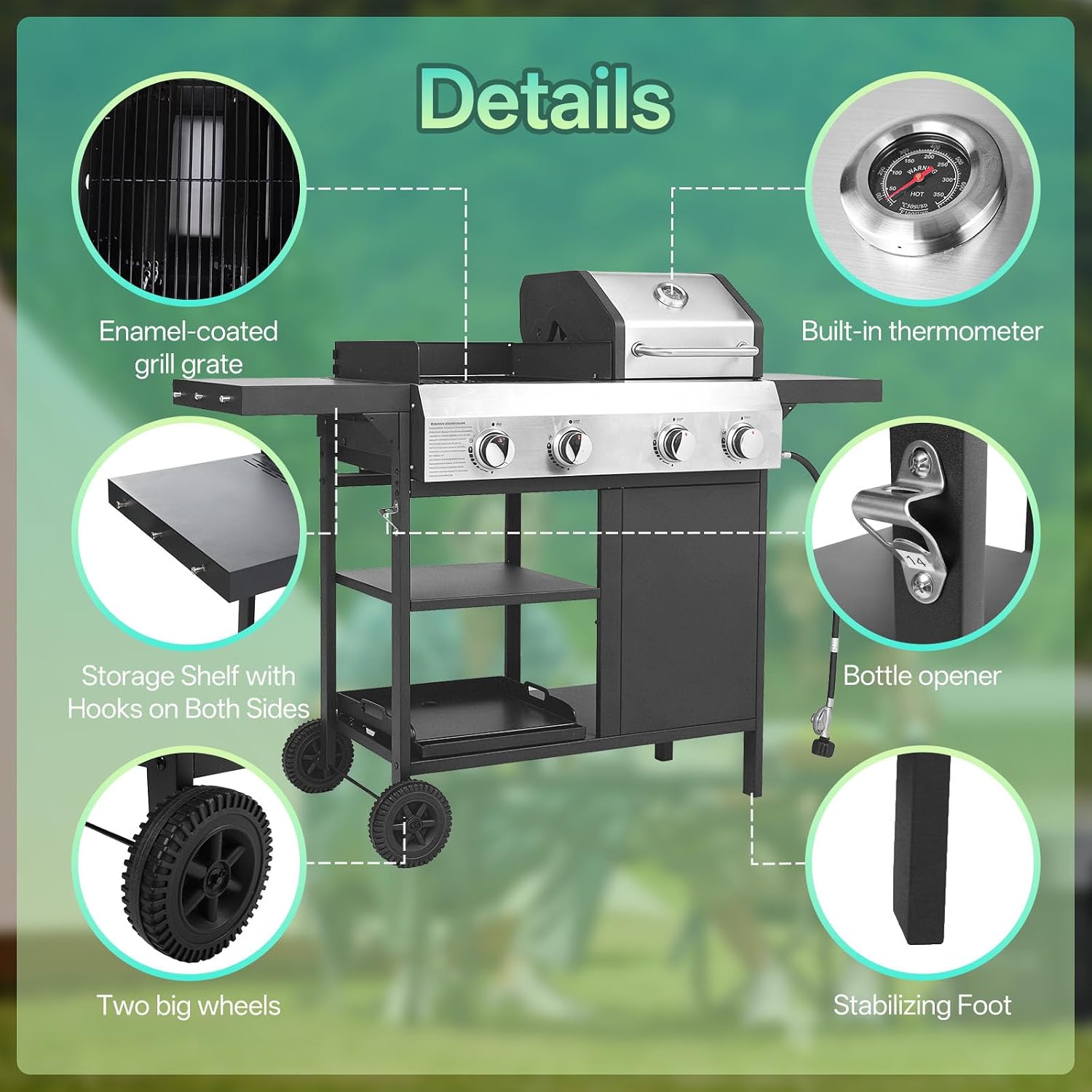 Endark 49,200 BTU 4-Burner Multi-Function Stainless Steel BBQ Grill - For Outdoor Cooking, Patio Backyard Barbecue, Camping - Griddle Combo for BBQ,FRYING and PIZZA