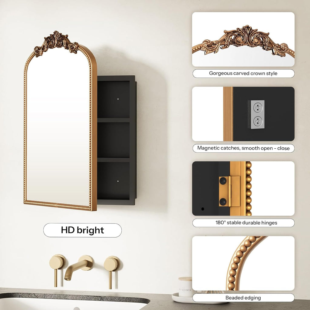 Bathroom Medicine Cabinet with Mirror, Sturdy, Durable & Easy Installation, Vintage Metal Frame (Gold Beads, 16'x24')