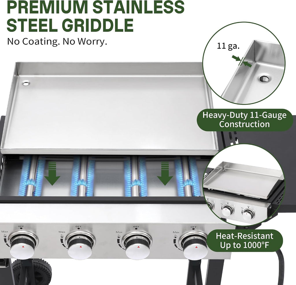 4-Burner Flat Top Grill with Folding Side Tables, Outdoor Griddle Grill with Storage Cover, 40,000 BTU Flat Grill with Stainless Steel Cooking Surface for BBQ, Camping, Tailgating