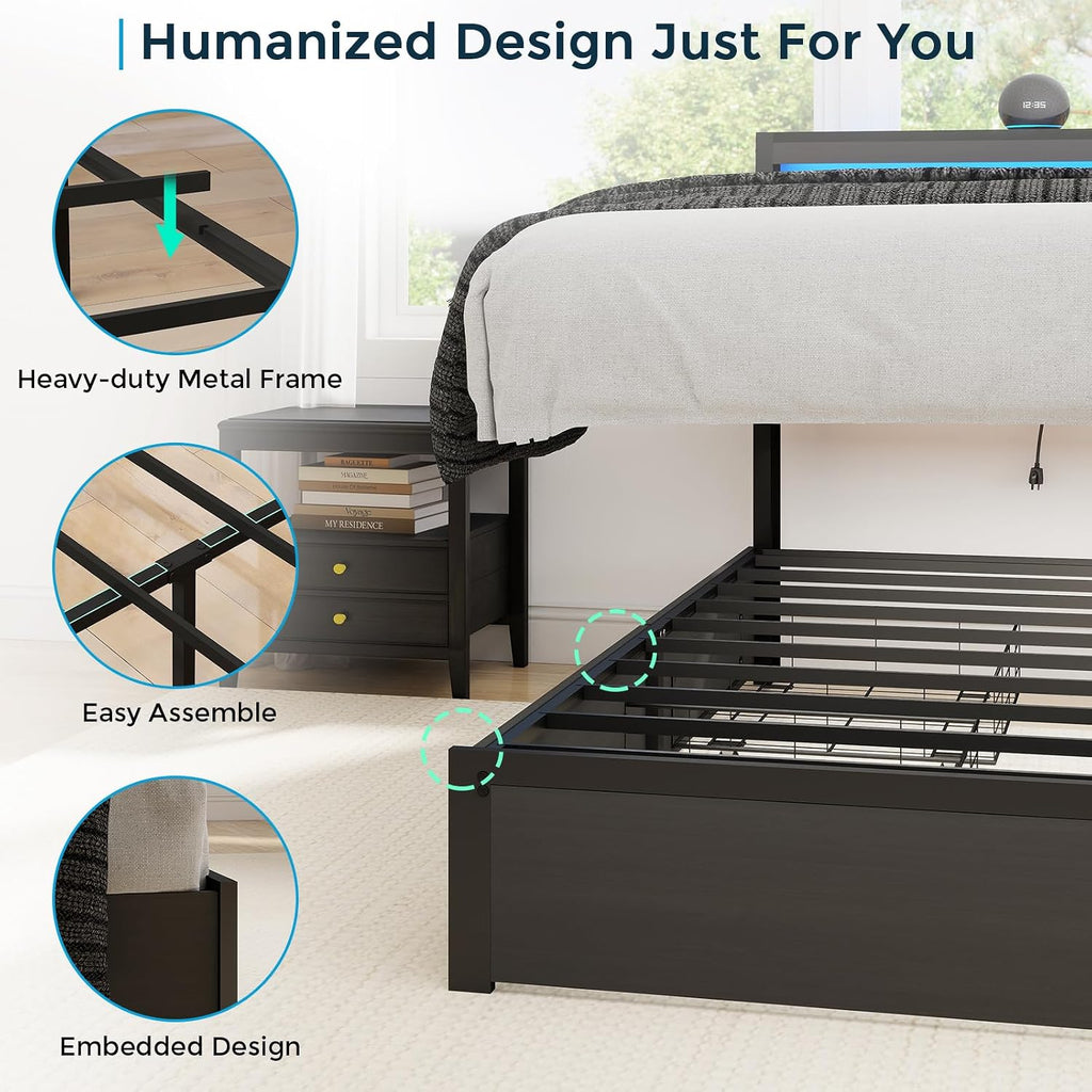SADENICEL Queen Bed Frame with Storage Headboard and 4 Drawers, Metal Platform Bed Frame with LED Light, Charging Station, No Box Spring Needed, Noise Free, Easy Assembly, Rustic Grey