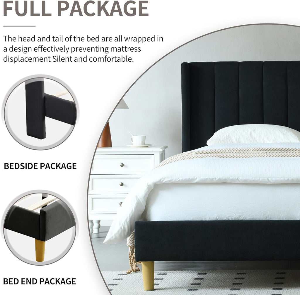 YUHUASHI upholstered Platform Bed Frame/Twin Bed Frame/Modern Geometric Double-Wing Design headboard/Linen Fabric/Easy to Assemble no Noise (Black, Twin)