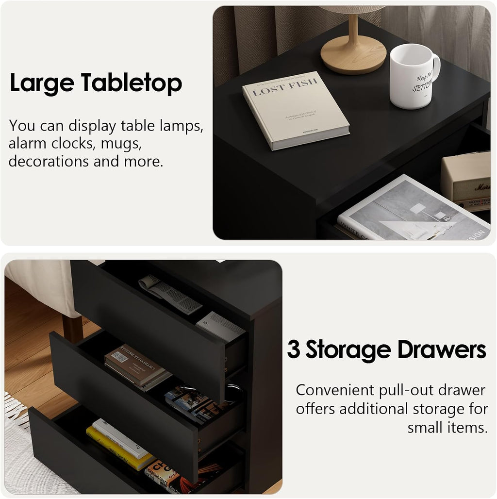 3 Drawer Nightstand & Side Storage Table, Minimalist Modern Black Bedside End Tables with Ample Storage, Versatile Wooden Chest of Drawers for Bedroom, Living Room, Offices (Set of 2)