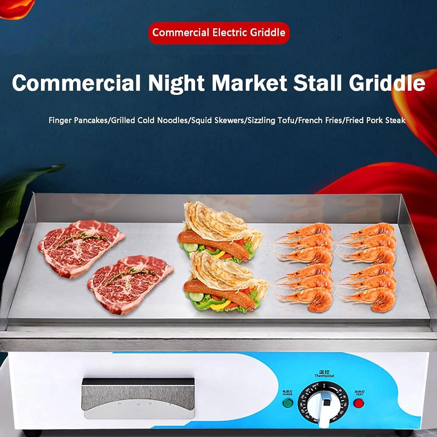 3000W 21Inch Commercial Electric Countertop Griddle Flat Top Grill Hot Plate BBQ Non-Stick Restaurant Teppanyaki Stainless Steel Grill Adjustable Thermostatic Control
