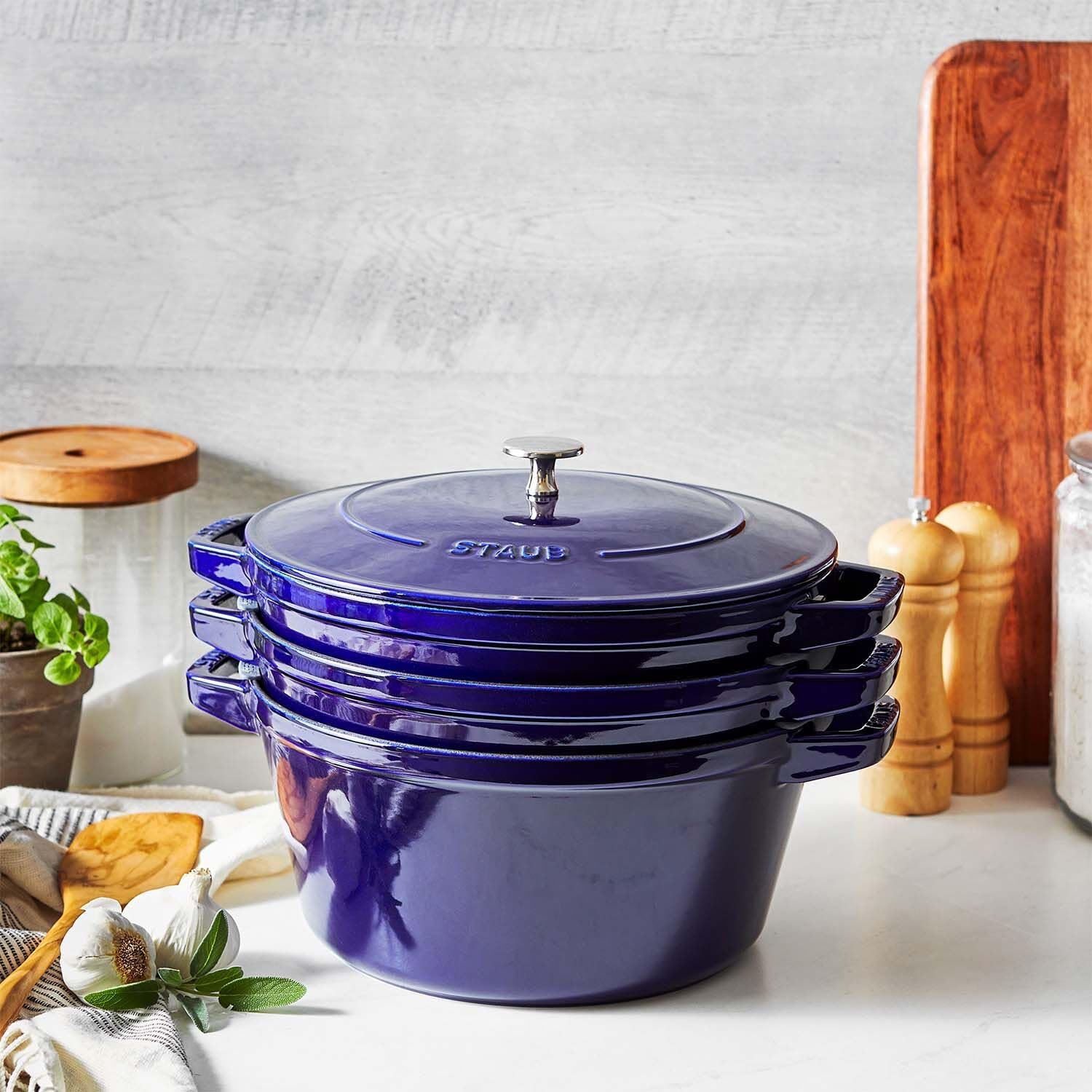 STAUB Cast Iron Set 4-pc, Stackable Space-Saving Cookware Set, Dutch Oven with Universal Lid, Made in France, Dark Blue
