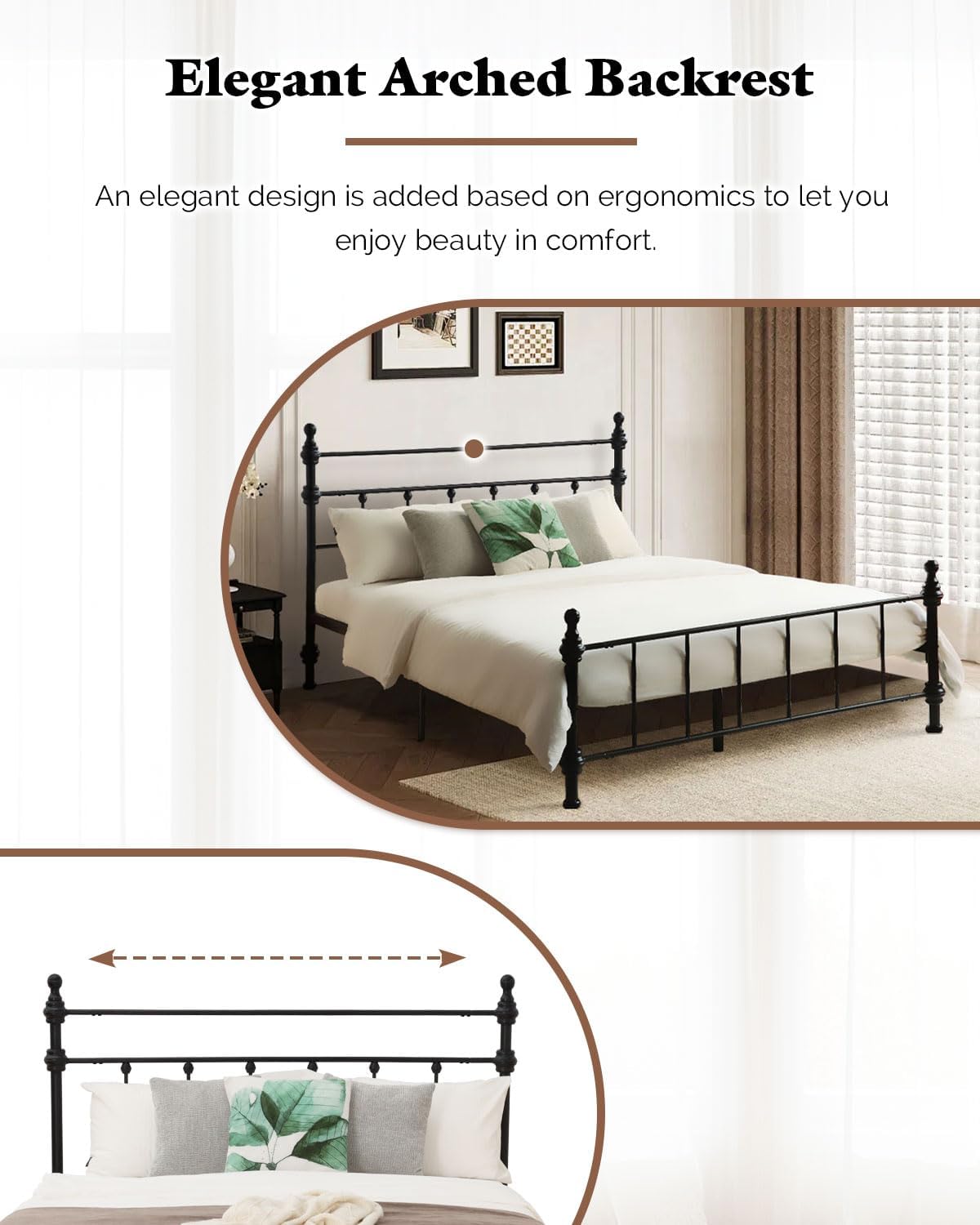 Full Size Bed Frame, Metal Platform Bed with Straight Headboard, Retro Luxury Roman Column, Easy Set up, No Box Spring Needed, Storage Space Under-Bed (Full)